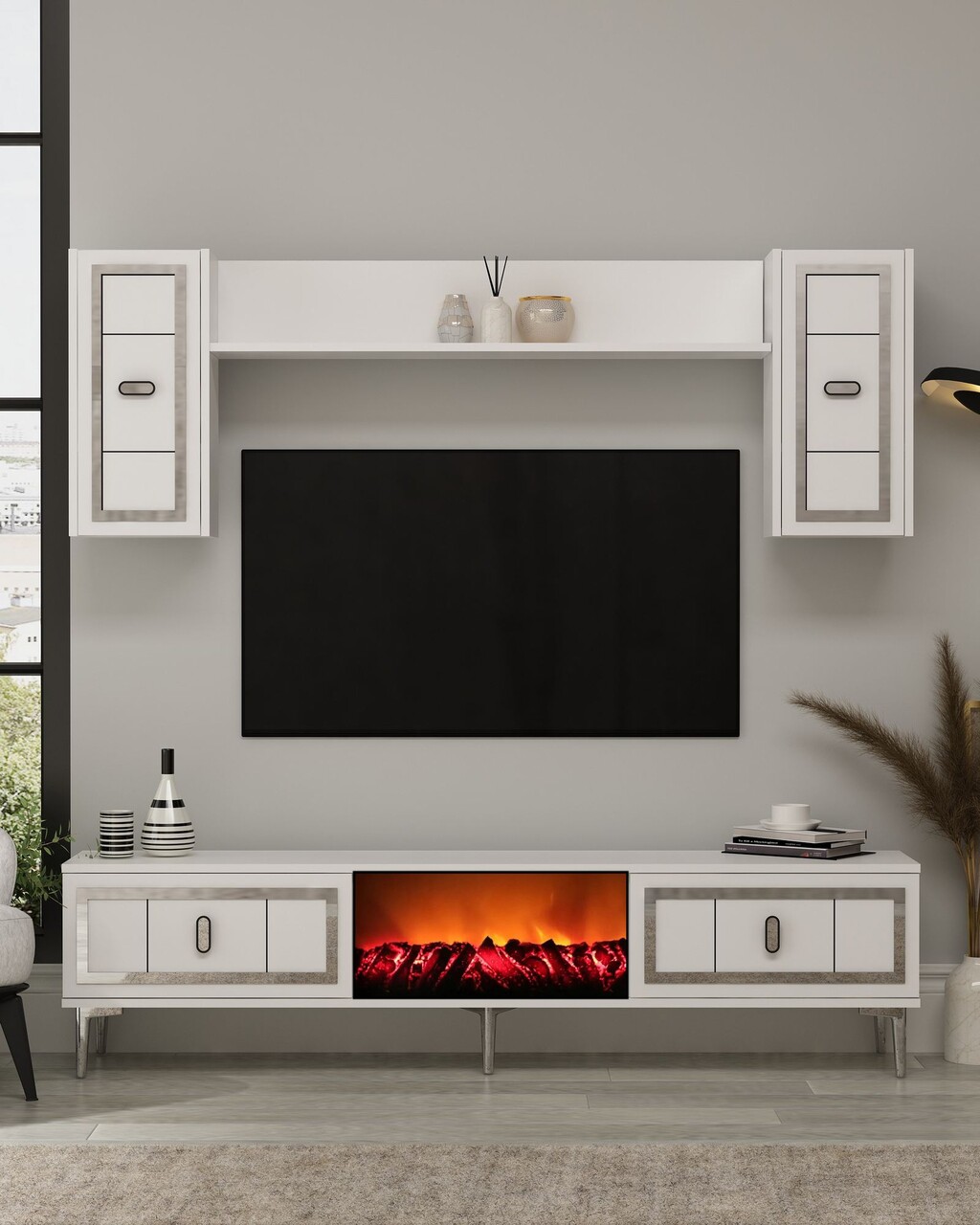 Comoda TV, Hanah Home, Orion Fireplace, 150x44.6x29.6 cm, PAL , Alb / Argintiu - imagine 7